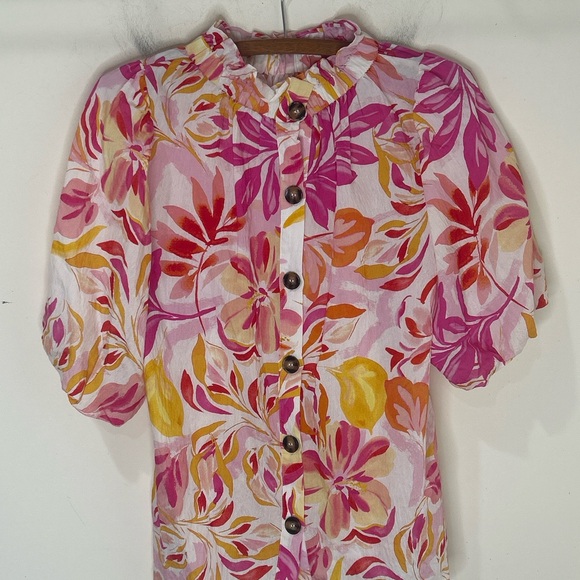 THML Floral Puff Sleeve Blouse Medium Pink Orange Tropical Ruffle Neck - Picture 4 of 16